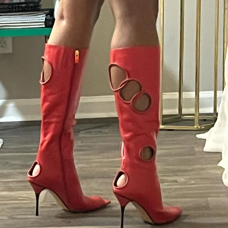 

2026 Red Dancing Fashion Peep Toe Hollow Out Over The Knee Boots Woman Sexy Zipper Nightclub Party Thin High Heels Shoes 44