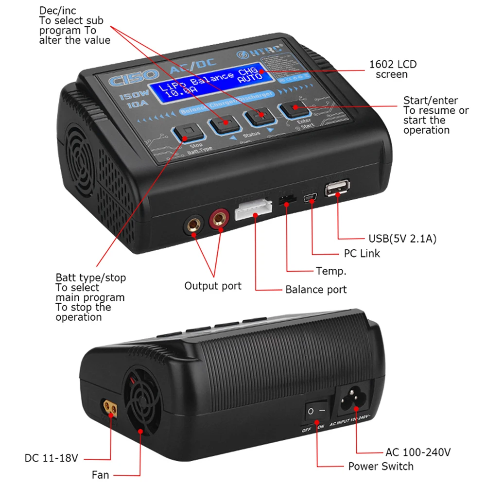 HTRC-T240 C240 C150 Lipo 배터리 충전기, AC/DC 듀얼 RC 배터리 방전기 1-15s