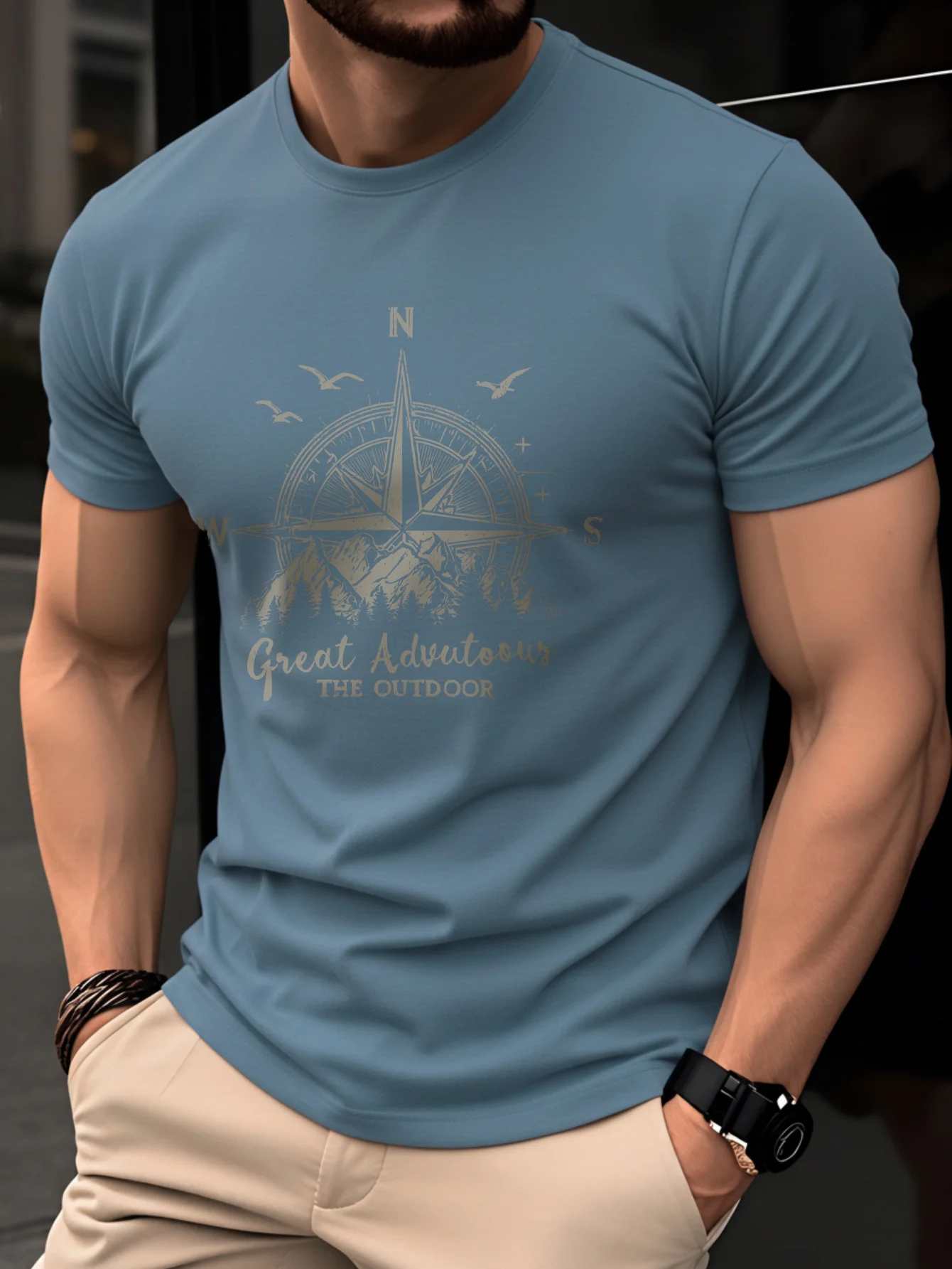 Summer men's 100% pure cotton casual fashionable loose retro compass mountain pattern printed round neck short sleeved T-shirt image 4