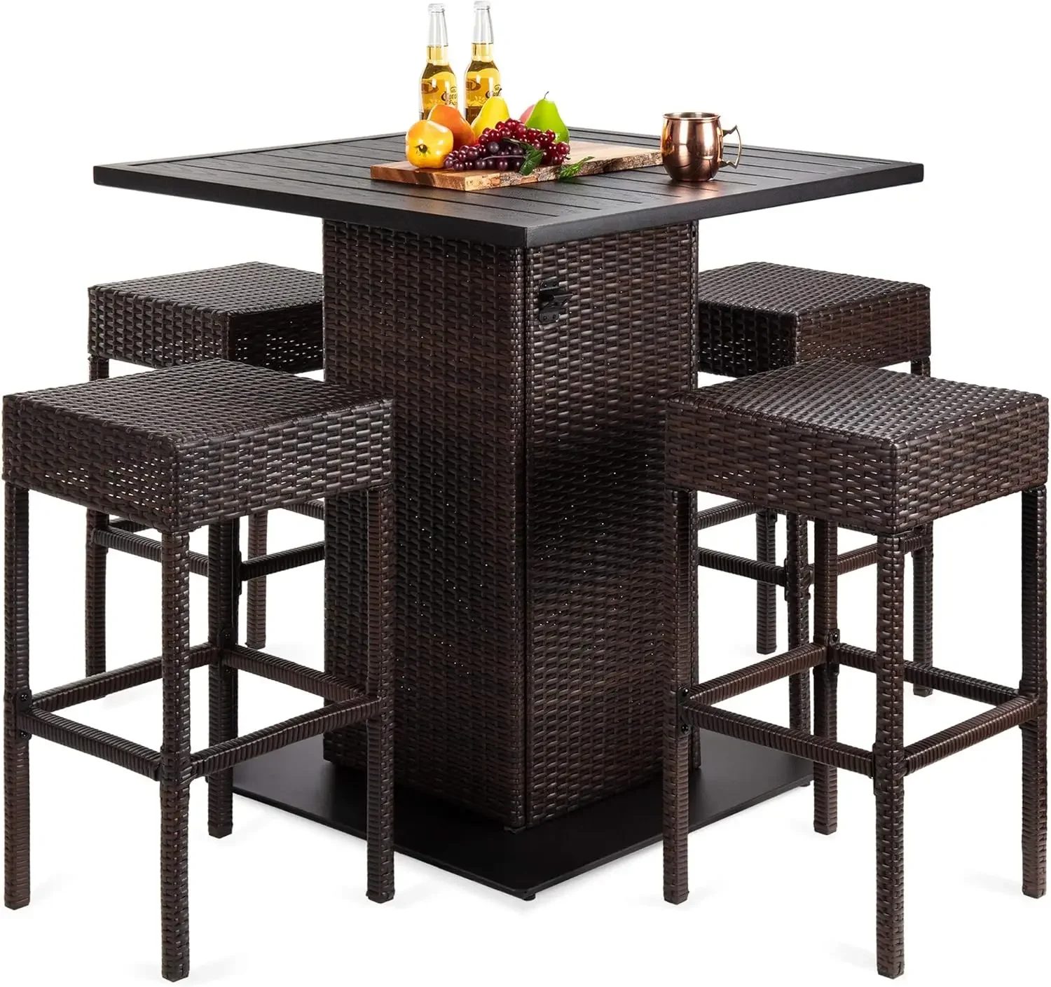 5-Piece Outdoor Wicker Bar Table Set for Patio, Poolside, Backyard , Hidden Storage Shelf, Metal Tabletop, 4 Stools - Brown