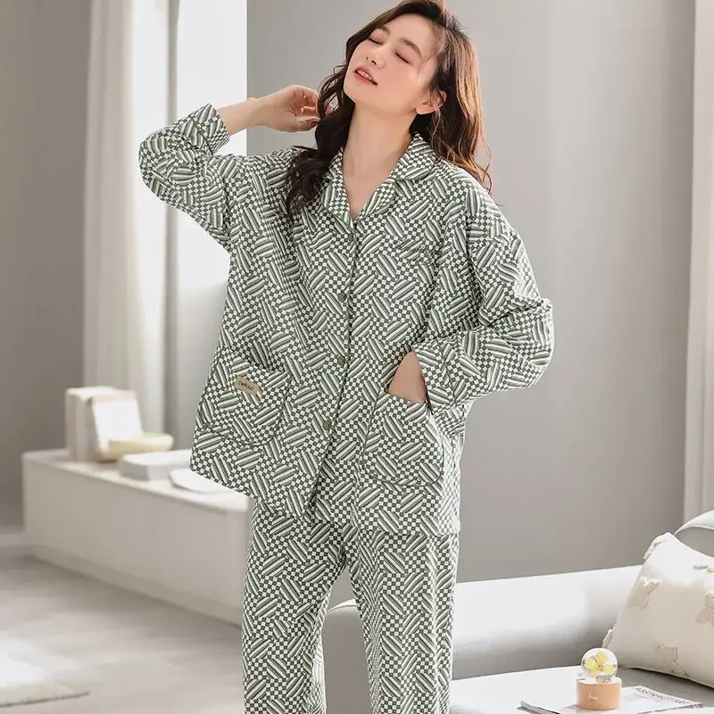 Cotton  Fashion Geometric Wind Loose Large Size Fall and Winter Style Loungewear Pajamas Female Spring and Autumn New Style