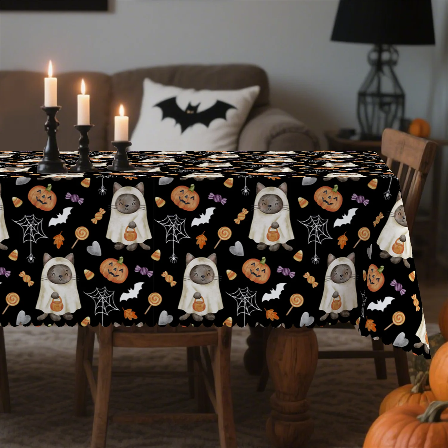 Pumpkin, Cat, Bat, Spider, Candy, Heart - Halloween Tablecloth, 1 pack, suitable for kitchen table, party decorationzyc