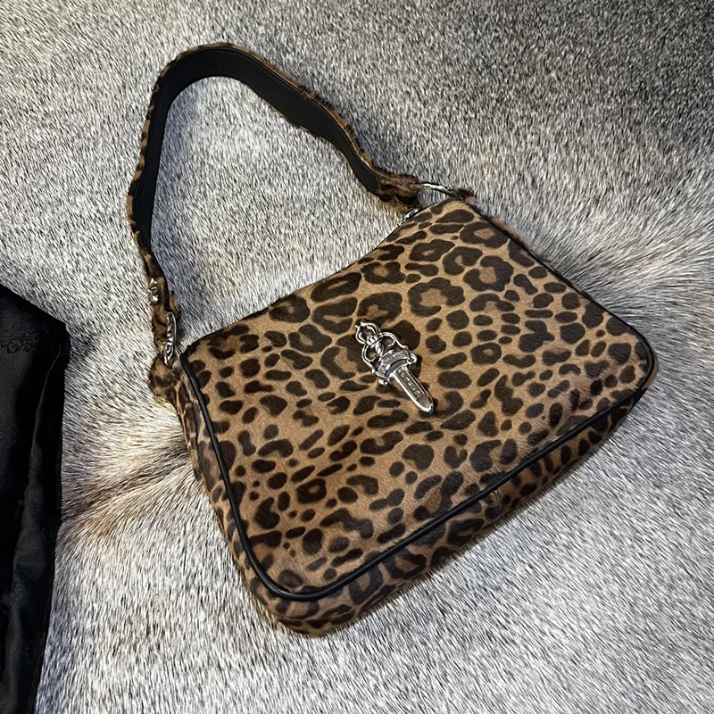 2024 new Kroos leopard print bag, cowhide crossbody, frosted cross, underarm chicken block chain bag, single shoulder bag, trend