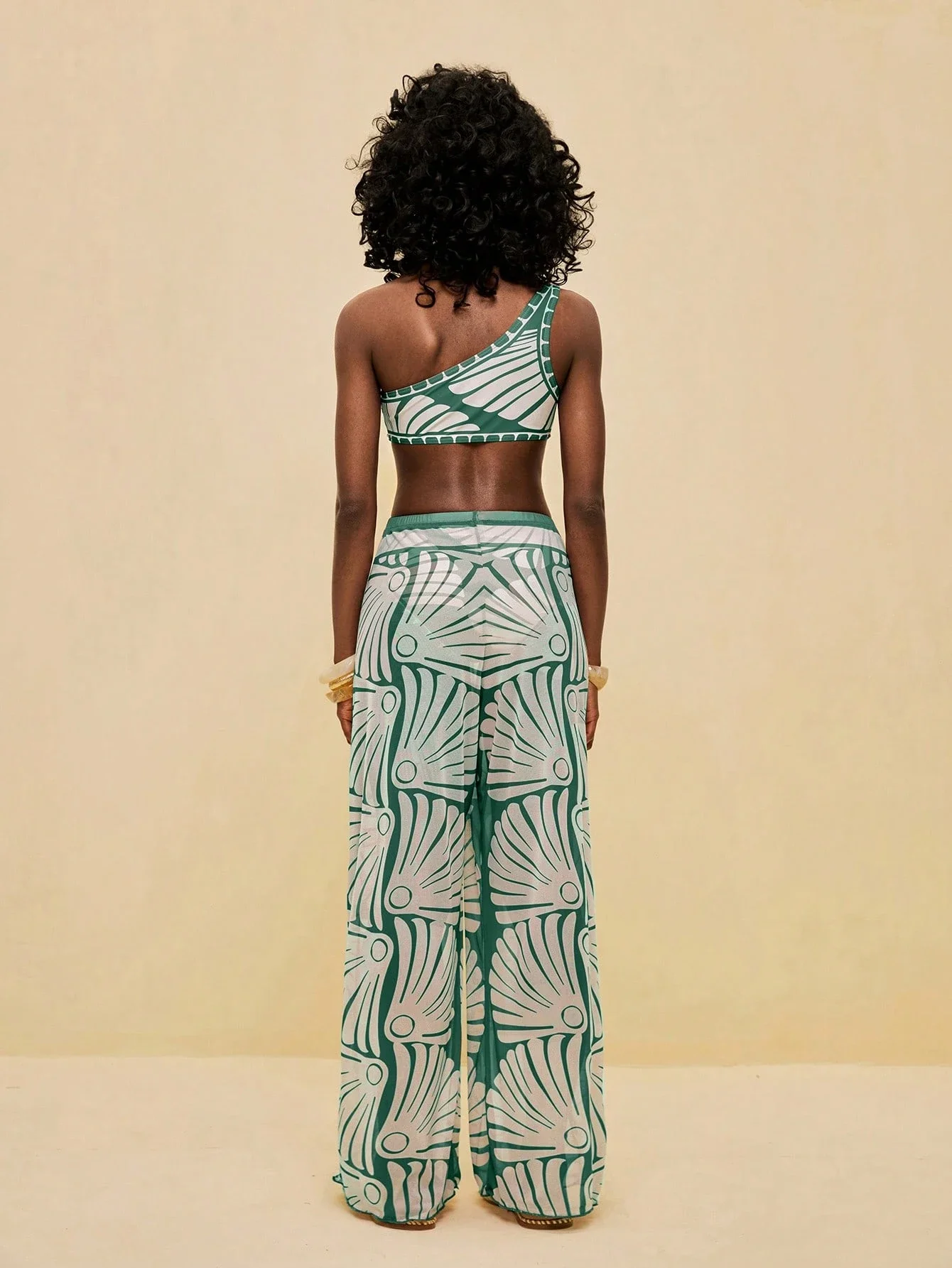 

Women's Green Shell Print Asymmetrical Bikini Top With Mesh Cover-Up Pants 3-Piece Beach Set