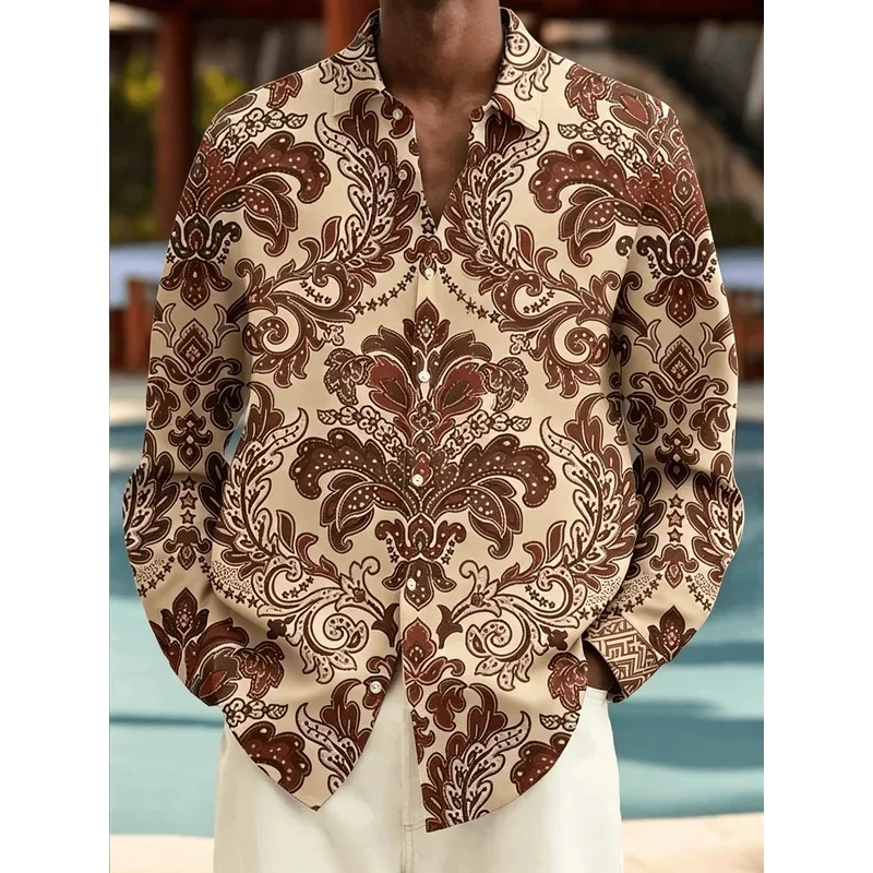 Men's Blue White Floral Print Long Sleeve Shirt, Elegant Baroque Paisley Pattern, Casual Luxury Button Down for Spring
