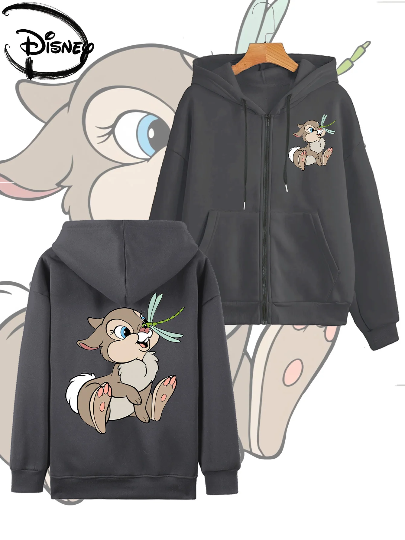 เสื้อสเวตเชิ้ตมีฮู้ดซิปแฟชั่นฤดูใบไม้ร่วงและฤดูหนาวสำหรับผู้หญิงลายการ์ตูนดิสนีย์ลิขสิทธิ์แท้เรื่องแบมบี้ สไตล์ลำลอง