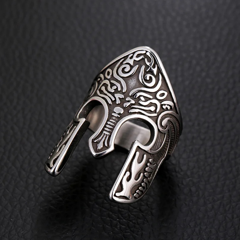 Man Viking Warrior Helmet Ring Scandinavian Pagan Norse Rune Spartan Mask Helmet Rings for Men Totem Amulet Jewelry