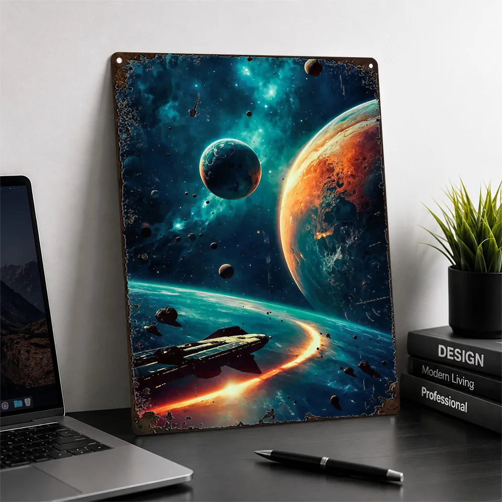 Spacecraft Among Colorful Planets Aluminum Poster Cosmic Wall Art For Living Room Customized Metal Sign Science Fan Gift Idea