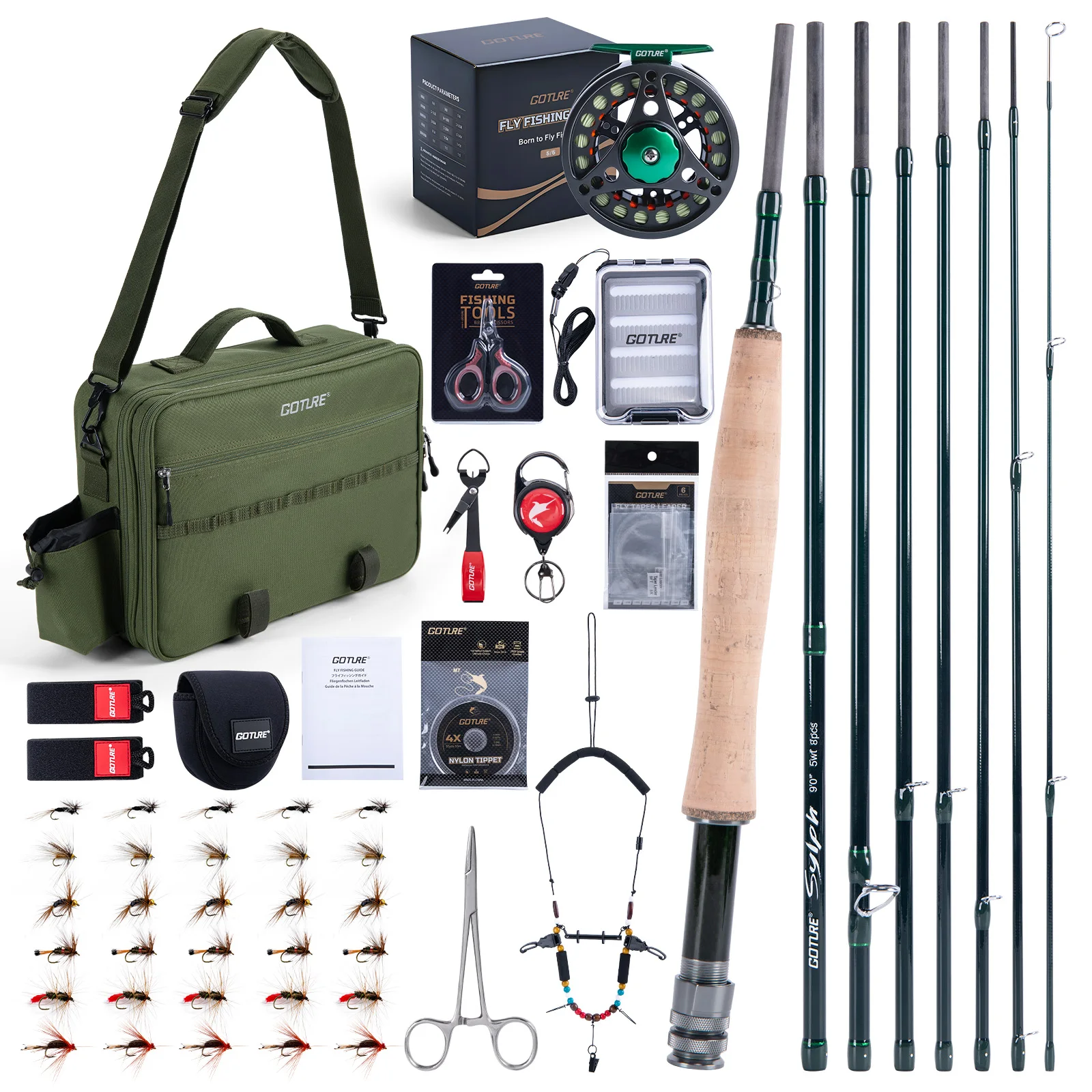 Fly Fishing Set with Carbon Fiber Fishing Rod + Reel + Complete Tackle + Portable Carry Bag for Stream Bass Fishing