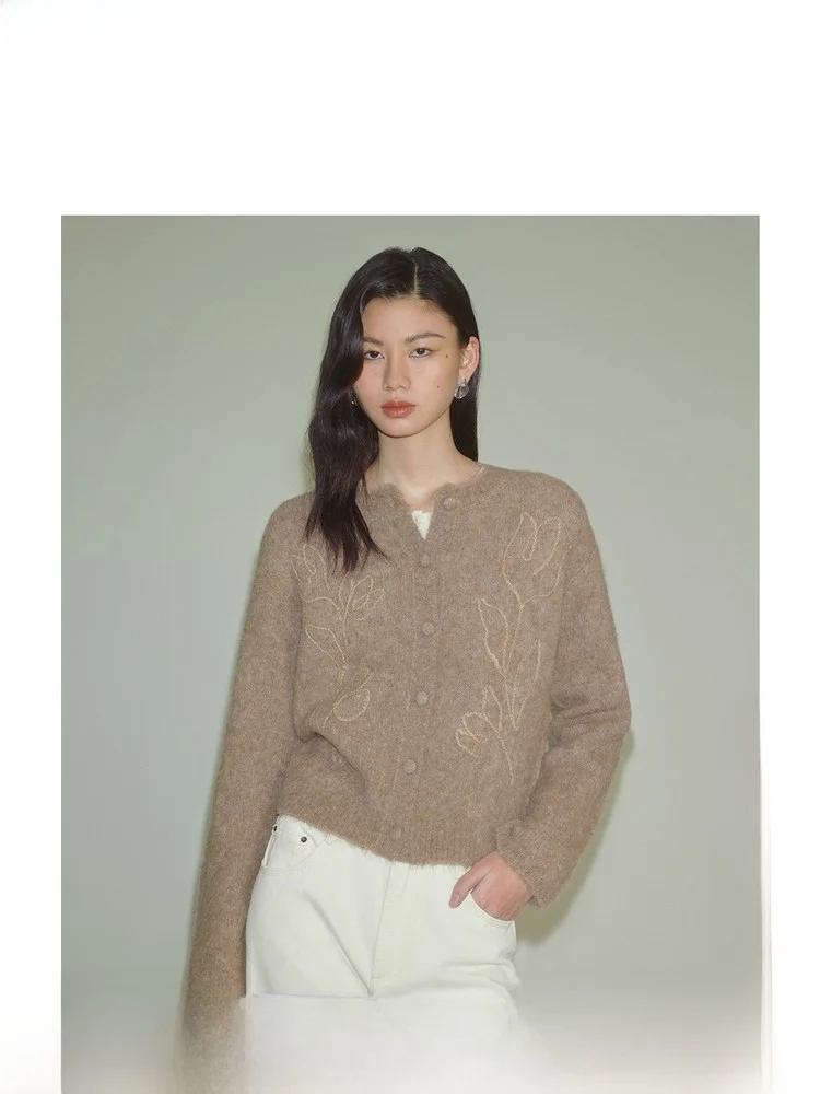 

Женский мягкий кардиган ZhiZhi из шерсти альпака с вышивкой, круглым вырезом, прямым кроем, декоративной строчкой, розовый, новинка весенней коллекции, повседневный стиль