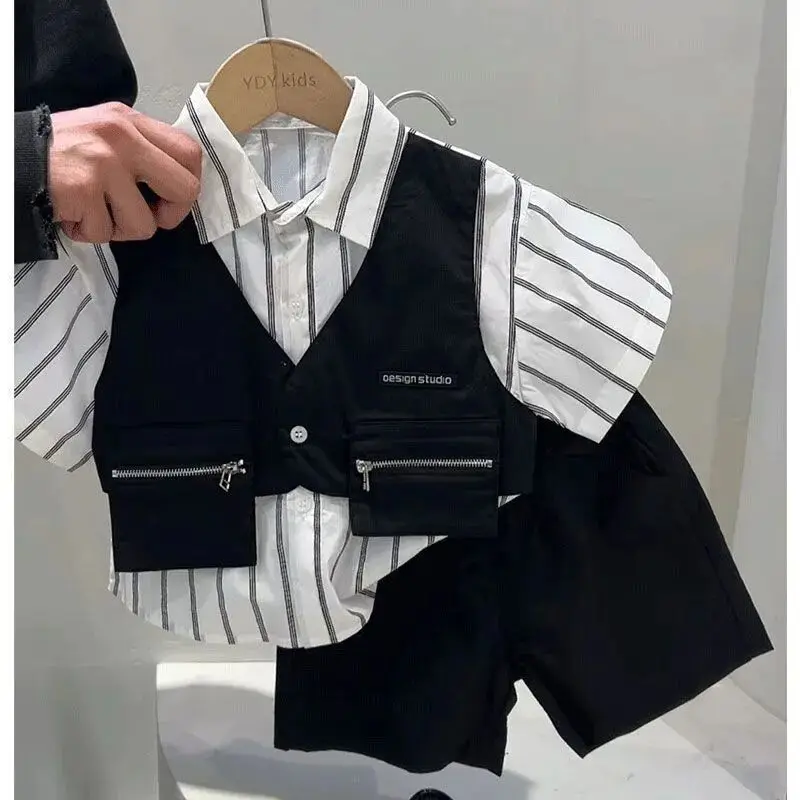 Boys Summer Outfit Short Sleeved Set Handsome Children's British College Shirt+Shorts Two-piece Set