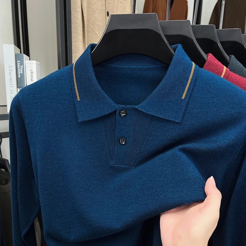 High end wool knitted long sleeve polo shirt men's fashion comfort soft luxury autumn winter casual new lapel sweater pullover