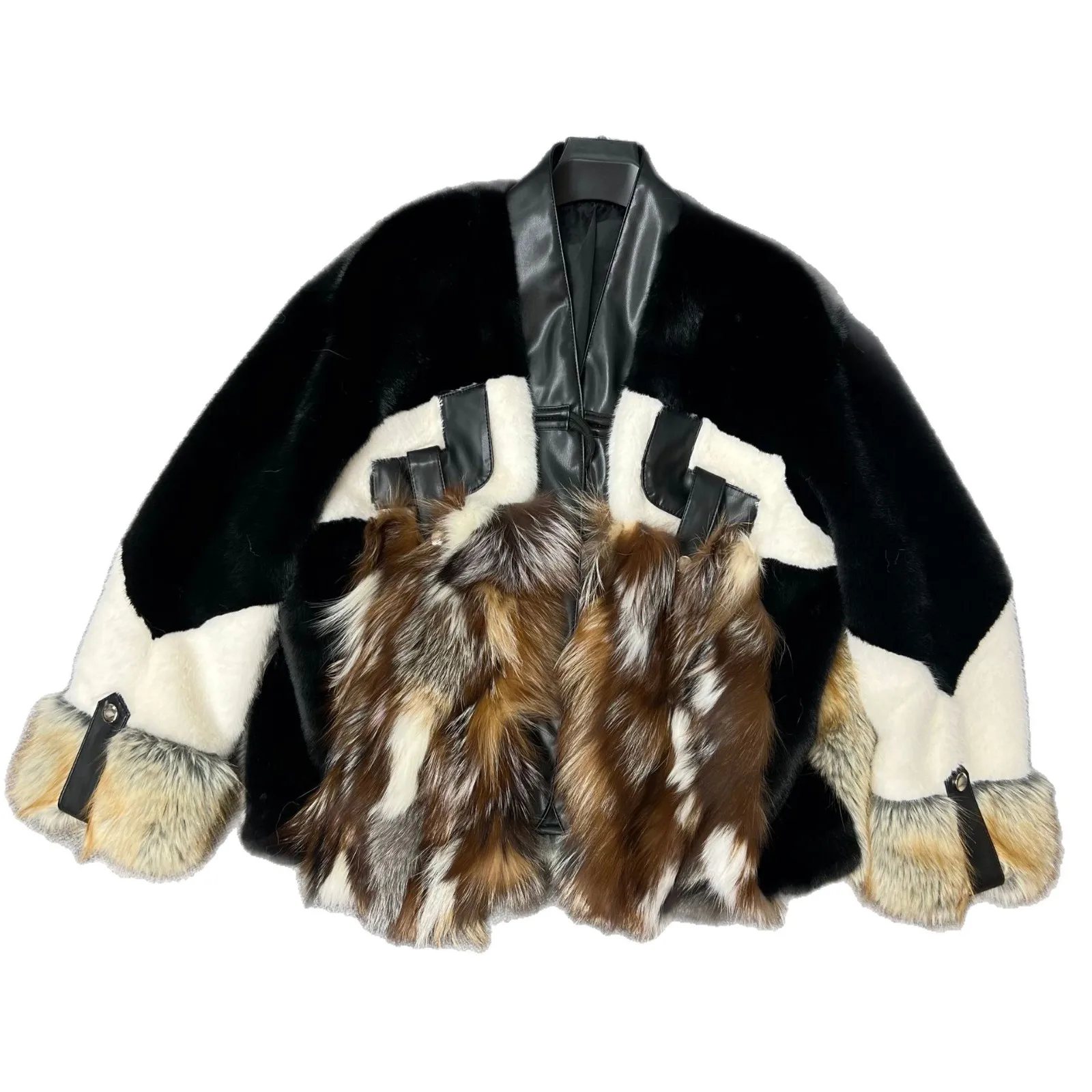 Płaszcz damski zimowy 2025, nowy, z futra lisa, łączony z europejskim futrem norek, średniej długości, modny, luźny, gruby, ocieplany, z imitacji futra.