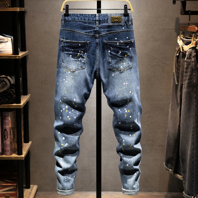 Street Designer Fashion Men Jeans Retro Blue Stretch Slim Fit Painted Ripped Jeans Men Patched Vintage Casual Denim Pants Hombre