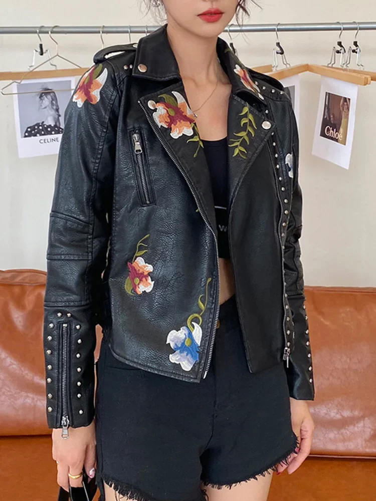 Women Vintage Floral Print Embroidery Short Black Pu Faux Leather Jacket Spring Autumn Female Zipper Coat Retro Outwear 2025