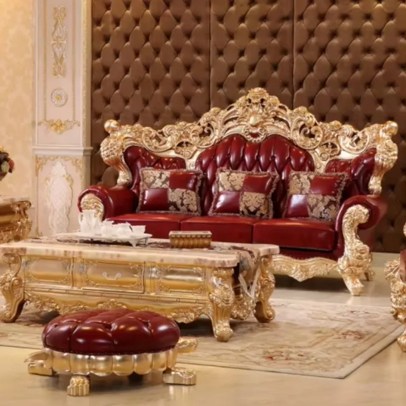 New Design Antique Sofa European Style Classic Living Room Sofa(old) High Density Hard Foam Seating Genuine Leather Sofa Sets