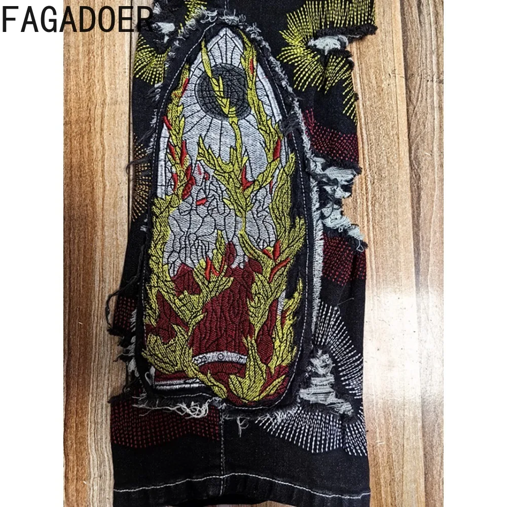 FAGADOER Fashion Embroidery Pattern Elasticity Denim Pants Women High Waisted Button Skinny Jean Trousers Casual Cowboy Bottoms