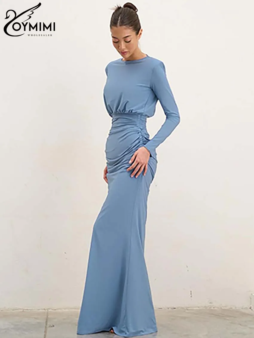 Oymimi Elegant Blue Slim 2 Piece Sets Women Outfit Fashion O-Neck Long Sleeve Crop Blouse And High Waist Floor-Length Skirts Set