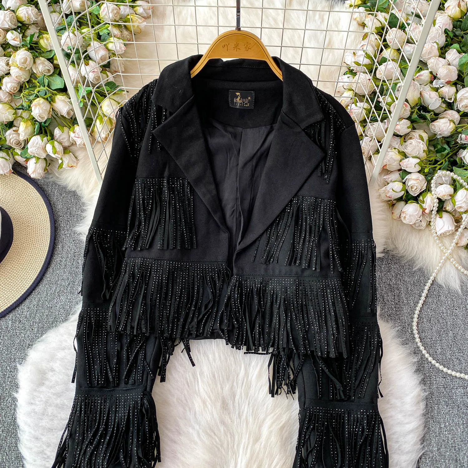 Chic Herfst Winter Vrouwen Diamanten Kralen Kwasten Pak Jas Hot Boren Omzoomd Blazers Jas Losse Lange Mouwen Vest Tops