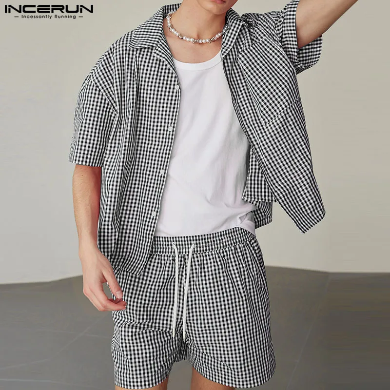 

INCERUN Men Plaid Sets Summer Vacation Streetwear Lapel Short Sleeve Shirt & Shorts 2PCS 2025 Loose Fashion Men's Casual Suits