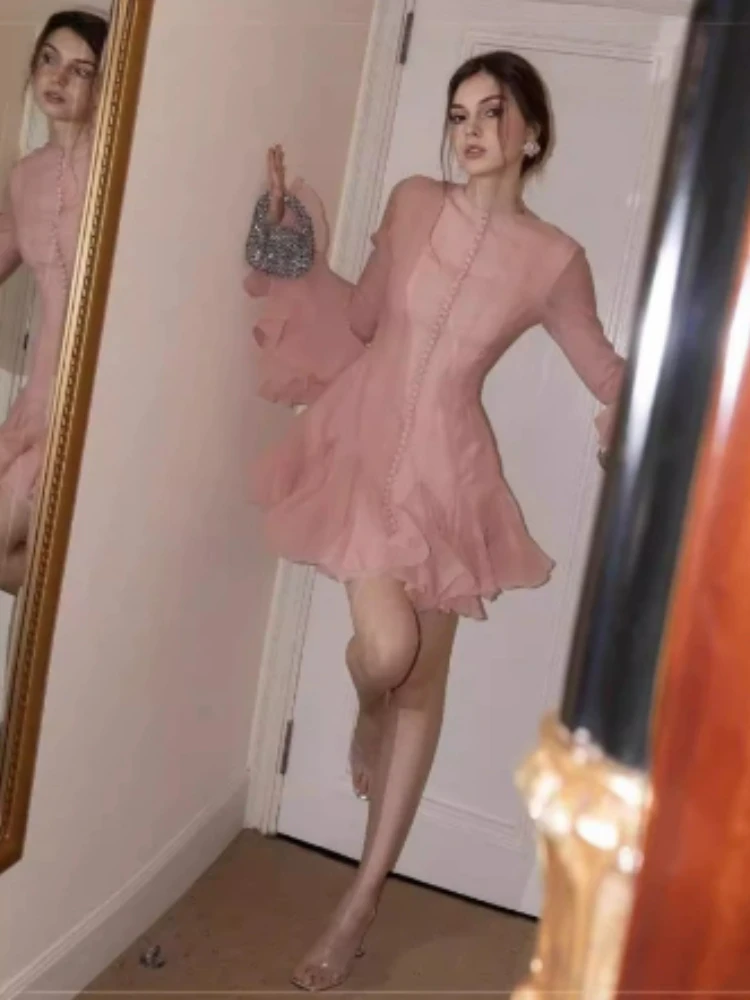 Para festa roupa diária mini vestido 2025 sexy doce vestido fedorado na moda tule em camadas puff hem botão detalhe vestido de cintura alta