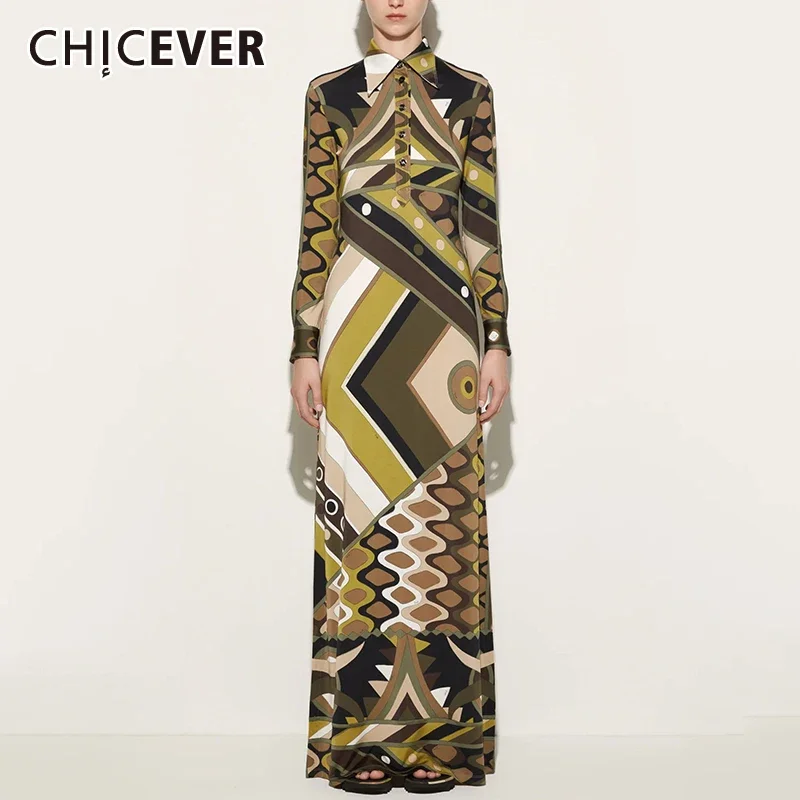 CHICEVER Hit Color Spliced Buttons Dresses for Women Laple Slimming Long Sleeve High Waist Chic Desinger Maxi Dress Female New