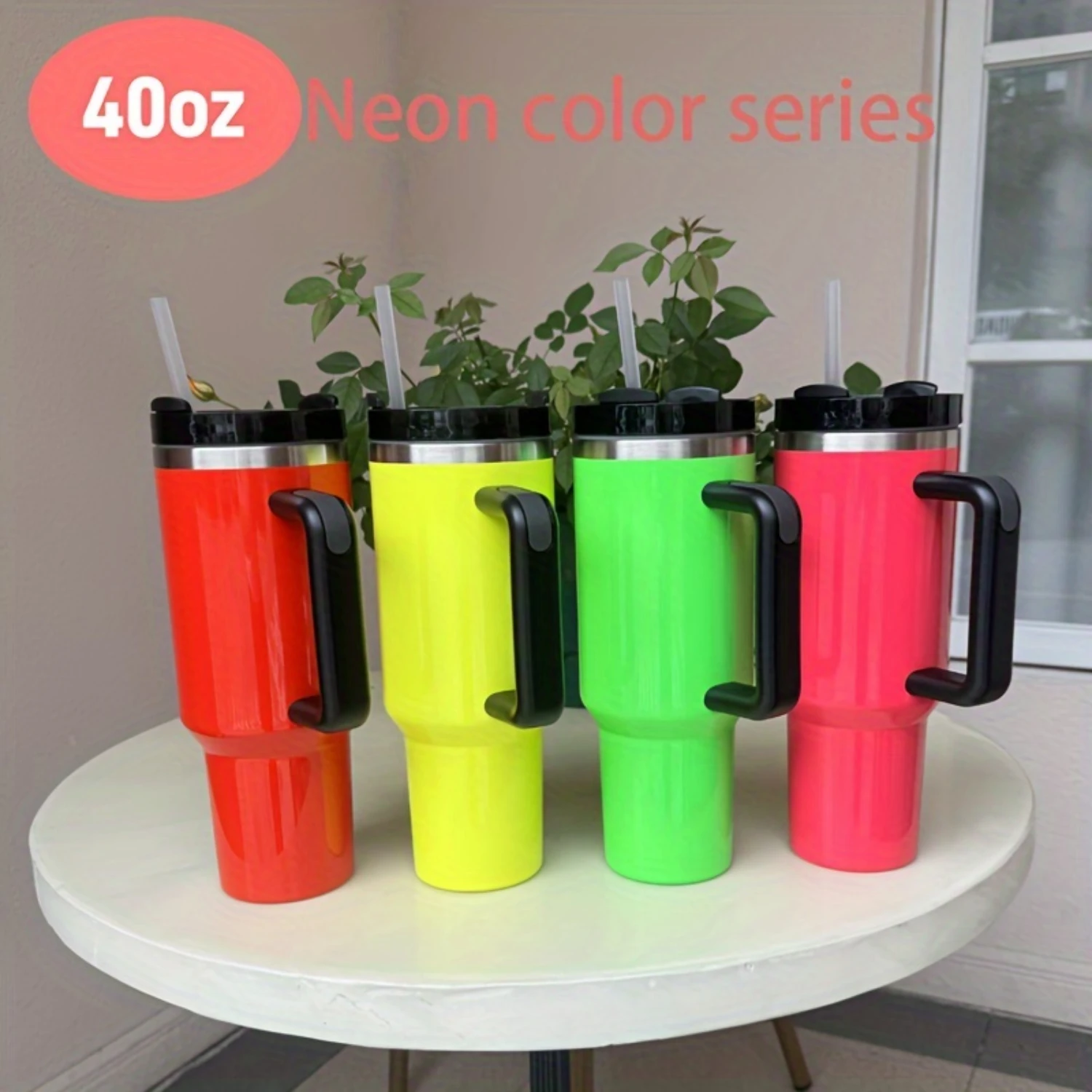 

1pc, Fluorescent Color Tumbler With Lid, 40oz Stainless Steel Insulated Water Bottle With Handle, Portable Drinking Cups, For Ca