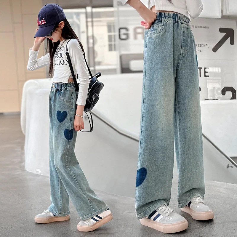 Fashion Girls Heart Shaped Pattern Jeans Spring Children Wide Leg Trousers Kids Casual Korean Edition Loose Jeans for 120-170cm