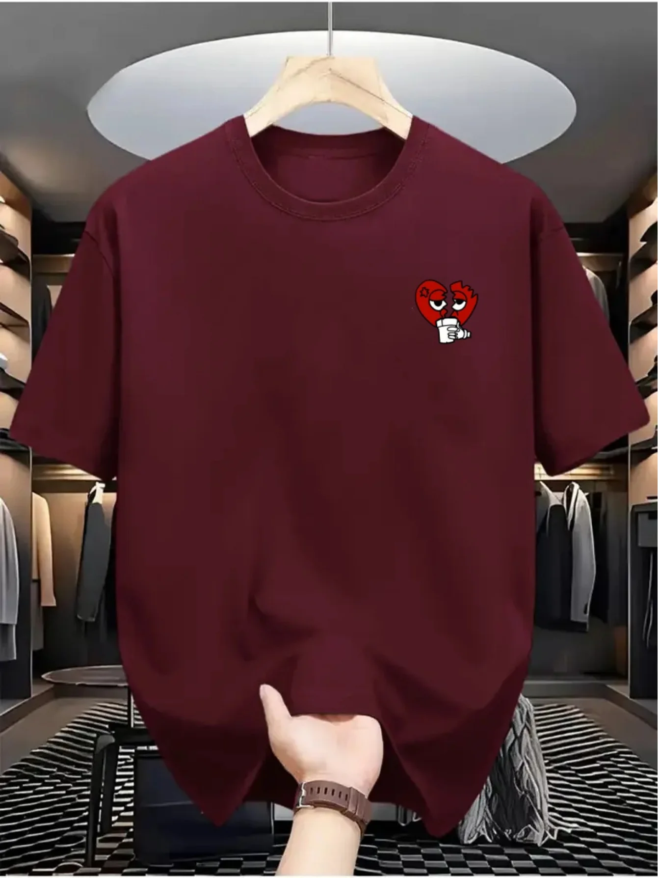 

Тяжелая уличная модная креативная футболка из 100% чистого хлопка с принтом в форме сердца, повседневная футболка с круглым вырезом и короткими рукавами