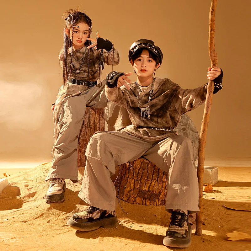 طفل القفار نمط الهيب هوب الملابس القهوة المتعثرة أعلى رمادي عارضة السراويل البضائع واسعة لفتاة صبي الجاز ملابس رقص الملابس #4