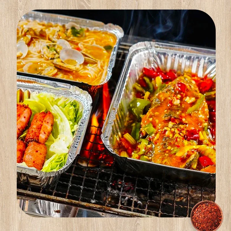 Plateau rectangulaire en aluminium jetable, plateau en aluminium, boîte à emporter pour l'emballage, la cuisson et le rôtissage