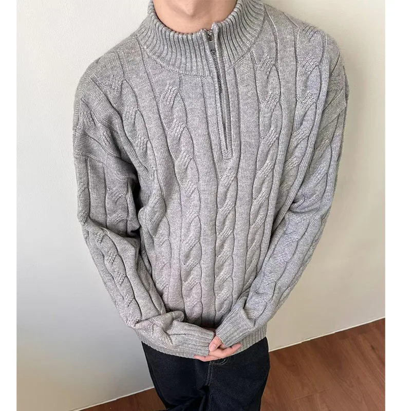 Man Knitting Base Layer 2025 Autumn Winter New Retro Lazy Sweater Half Zip Cable Knit Unisex Teen Couples Inner Wear Knit Top