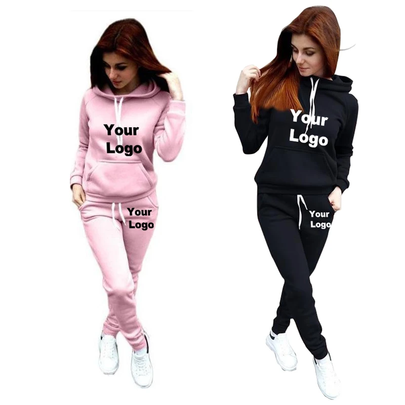 Custom Logo Two Piece Set Tracksuit Women Top+Pant Suits Hoodie Pullover Sweatshirt with Pockets Ensemble Femme Suit Sets