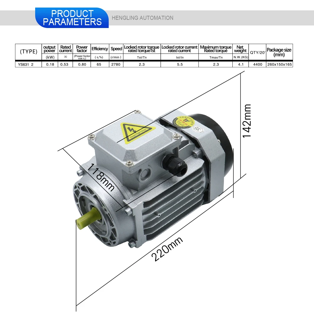 HLTNC YS Series 6312 180w AC 380V 2780RPM Motor assíncrono de indução trifásica com carcaça de motor de alumínio e flange 63B14