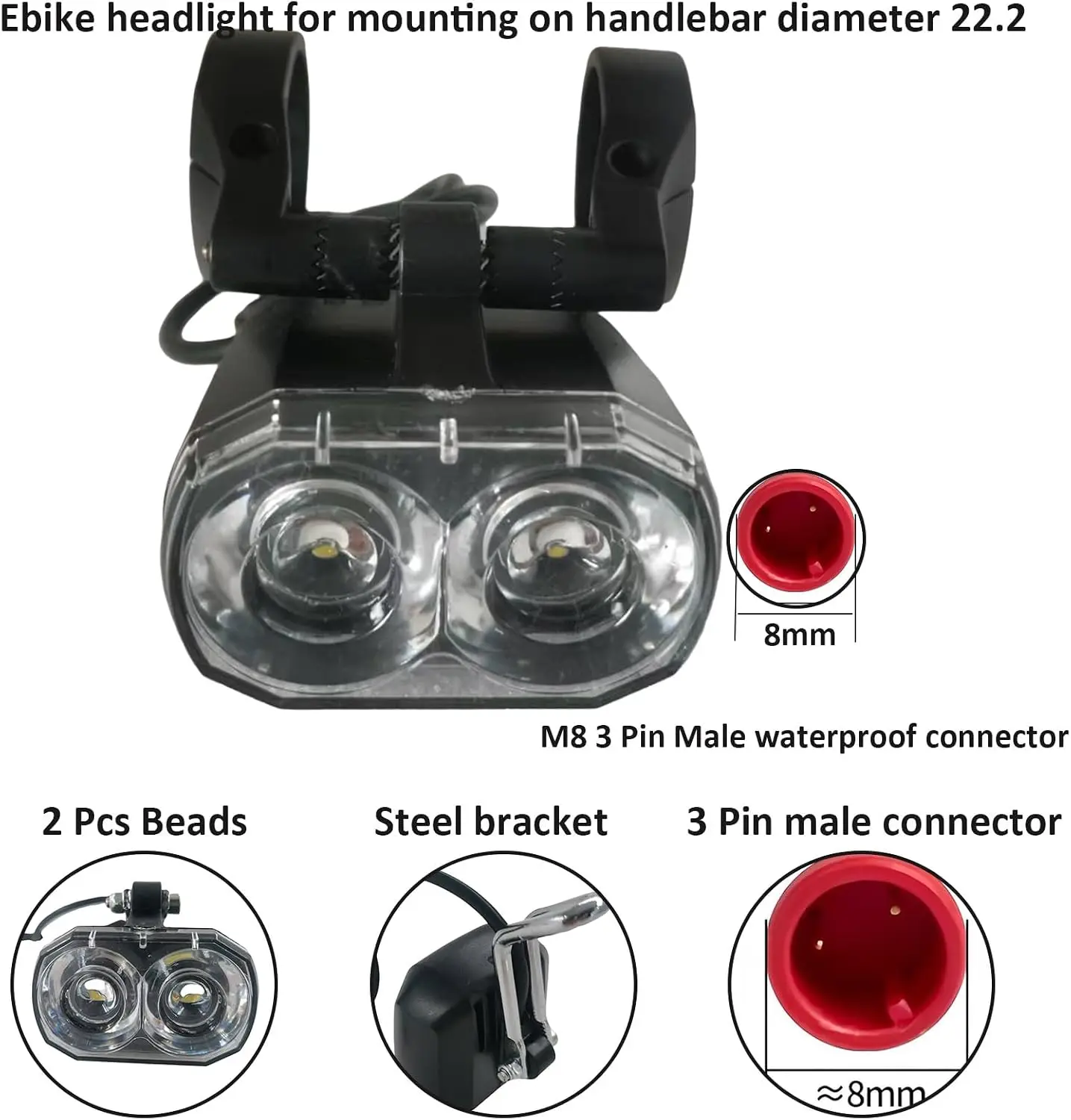24-60V Waterproof LED E-Bike Headlight with Horn, 2/3-pin male/female plug, handlebar mount design