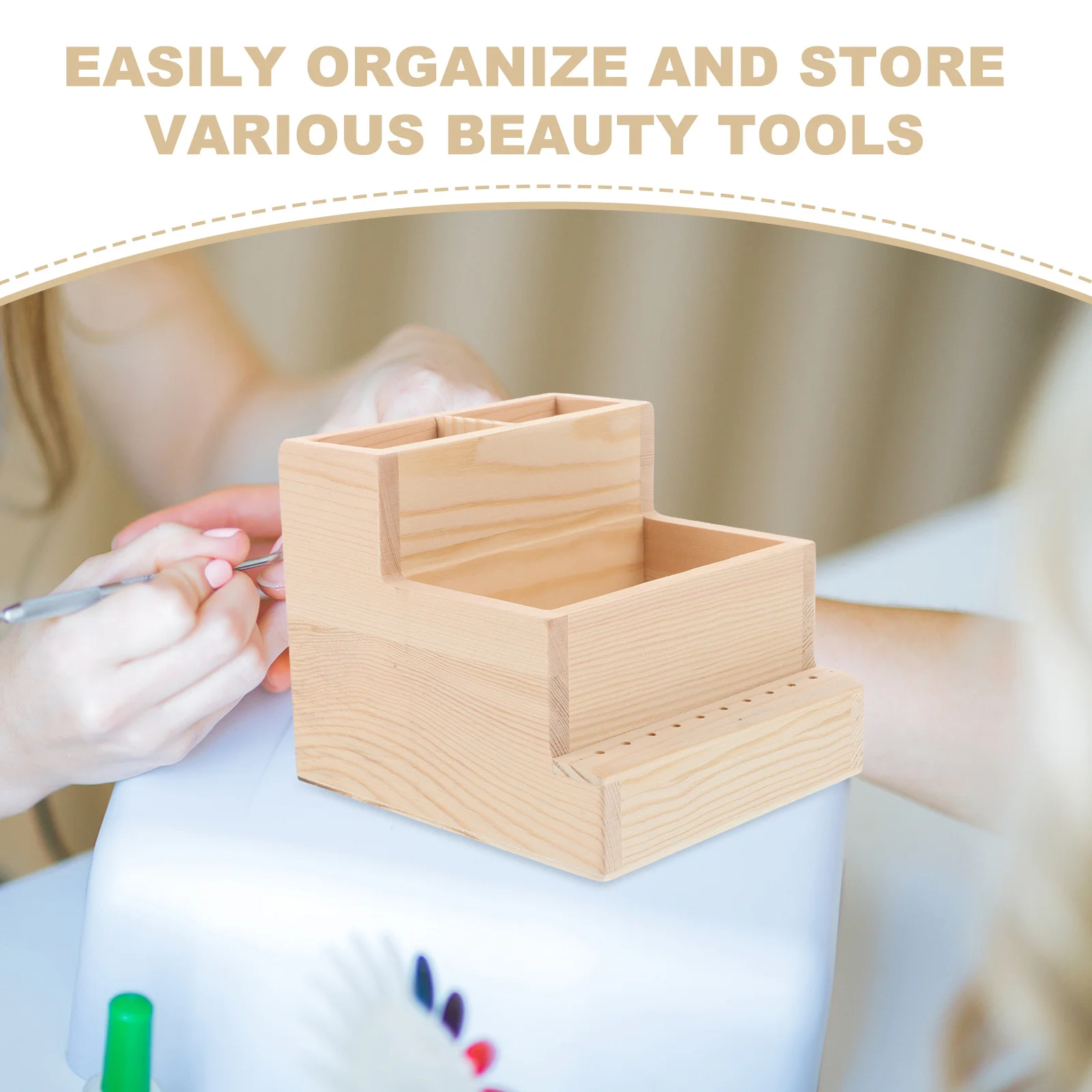 しっかりとした木製ネイル用品オーガナイザー、ブラシ、ビット、ポリッシュ用の複数のコンパートメント付き、ネイルドリルビットオーガナイザーケース