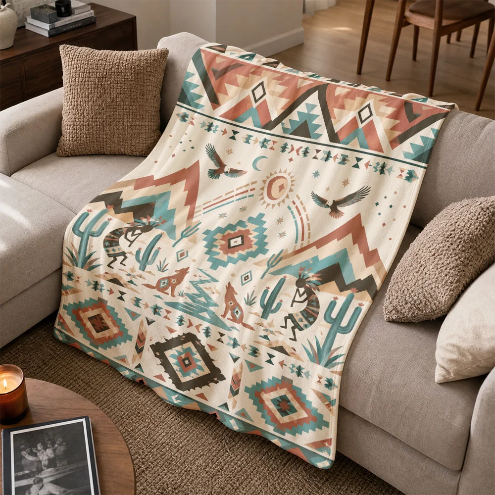 Southwestern Boho Cactus Throw Blanket Geometric Tribal Aztec Pattern Cozy Decor Couch Cover for Sofa