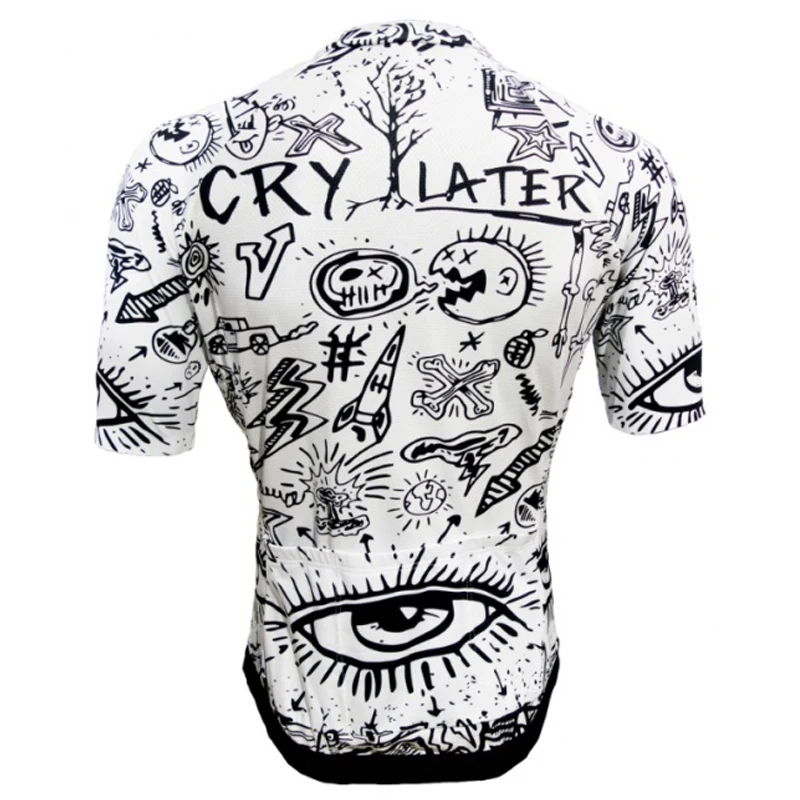 New Men\'s CRY LATER Cycling Jersey Kit White Bike Shirt Riding Sets Clothing Wear Black Bib Shorts Lycra