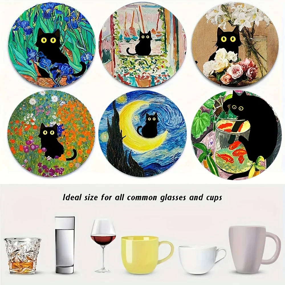 6PCS 2D Dark Feline Motif Wooden Cup Mat Creative Pattern Ideal for Brews Household Dining Ornament Festive Present Moving Gift