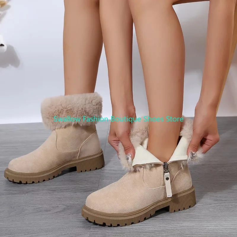 Women's Snow Boots Winter Mid-Tube Plus Velvet Thickened Warm Cotton Shoes Fur Integrated Fashion Platform Female Booties