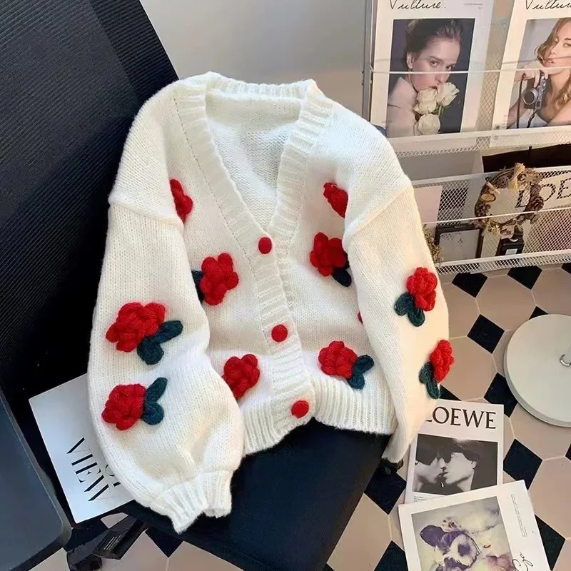 

3D Flower Knitted Sweater Cardigan Autumn Winter Sweet Single Breasted Versatile Loose Women V-neck Long Sleeved Top