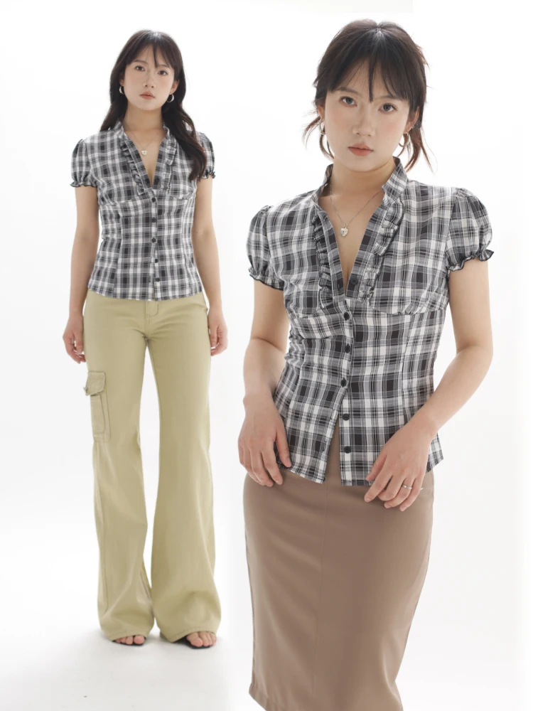 

Slim Fit Vintage Color Woven Bla White Plaid Bubble Sve V Ne Stretchy Ohmyloli irt Women's Faion Busin Casual