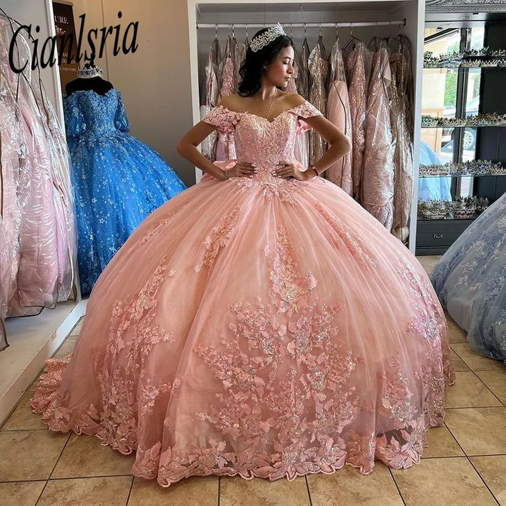 

Розовое Бальное платье принцессы, платья для Quinceanera 2023 с бантом, бусинами, аппликациями и блестками, милое платье 16 лет, платья 15 лет
