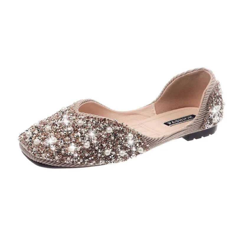 Glitter crystal pearl studs ballet shoes women square toe slip on loafers cozy shallow cut-out ballerina flats moccasins female