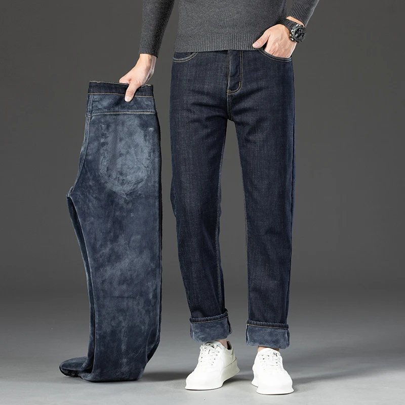 Brand Clothing Winter Fleece Lined Thermal Men's Jeans Business Straight Outdoors Denim Pants Flocking Work Trousers Plus Size