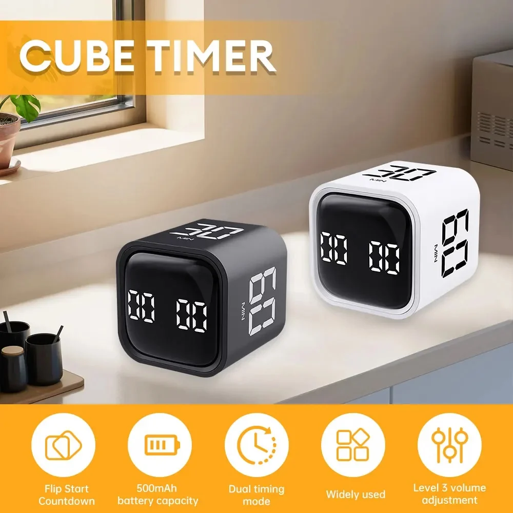 Productivity Cube Timer Gravity Sensor Flipping LED Display 4 Preset Time Dual Modes Countdown Cooking Study Mini Digital Timer