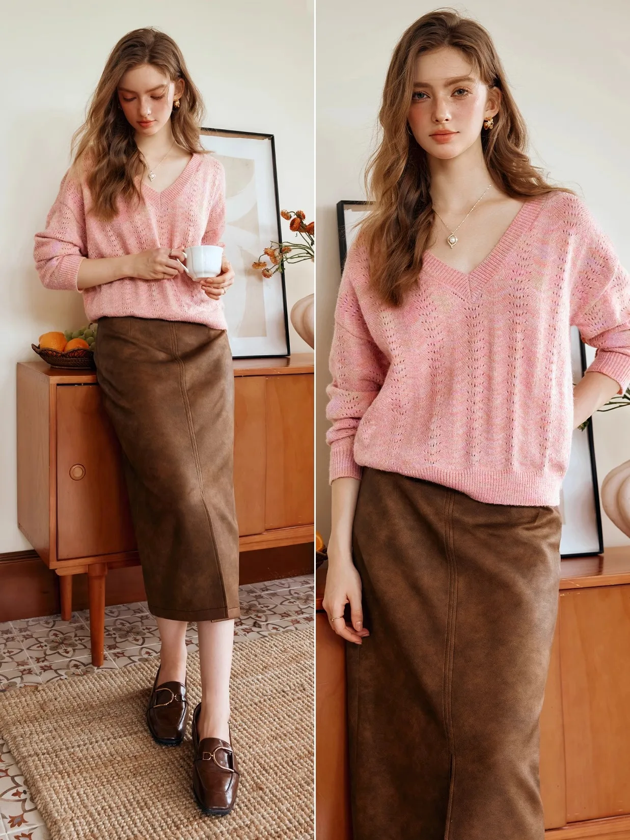 

OLrain French Pink Knitted Sweater Women's Early Autumn 2025 New Fashion Commuter V-neck Top M56QZ86515