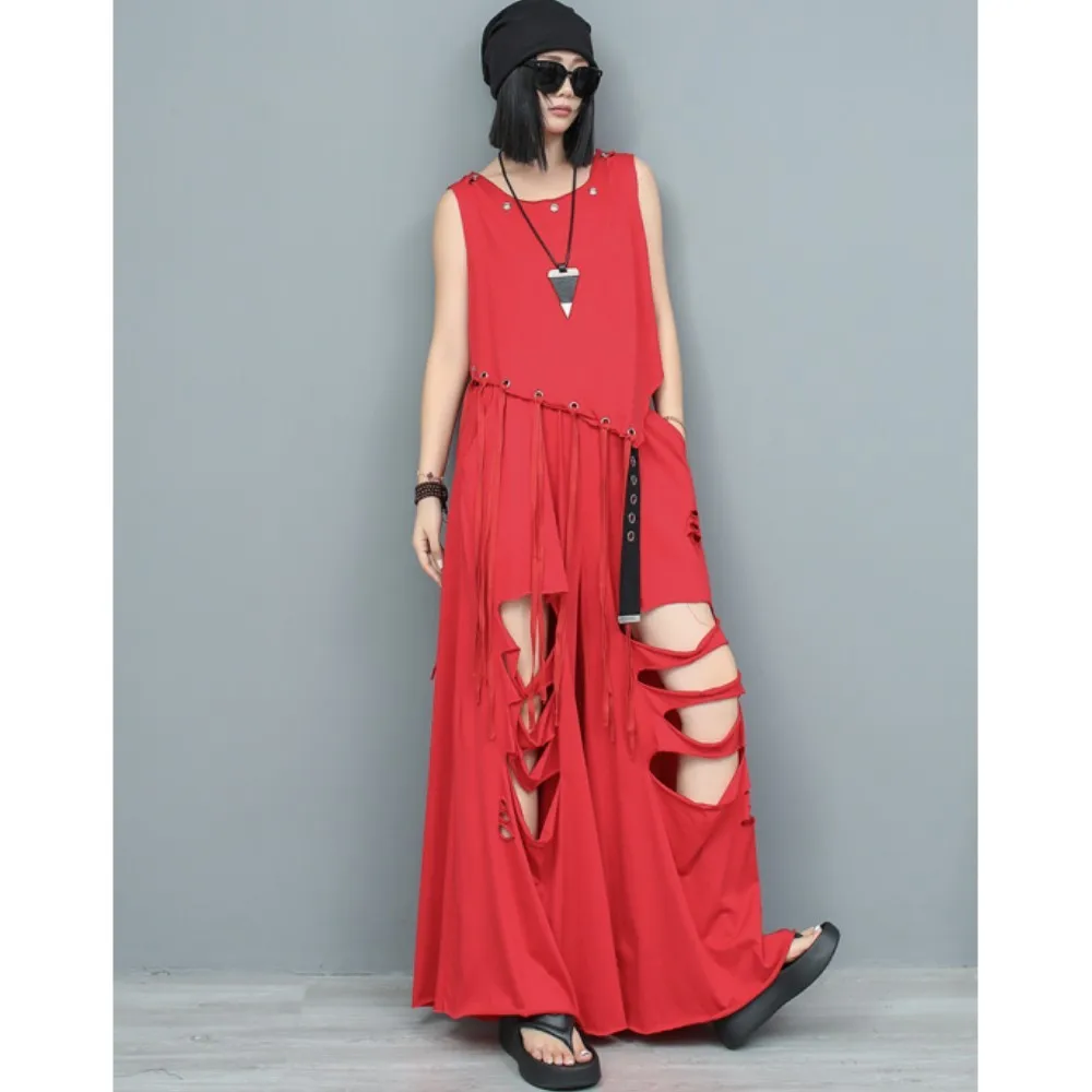 Personalized Design Irregular Tassel Sleeveless Top + Holes Wide Leg Pants Two-piece Set Women 2024 Summer Red Pant Set LX1692