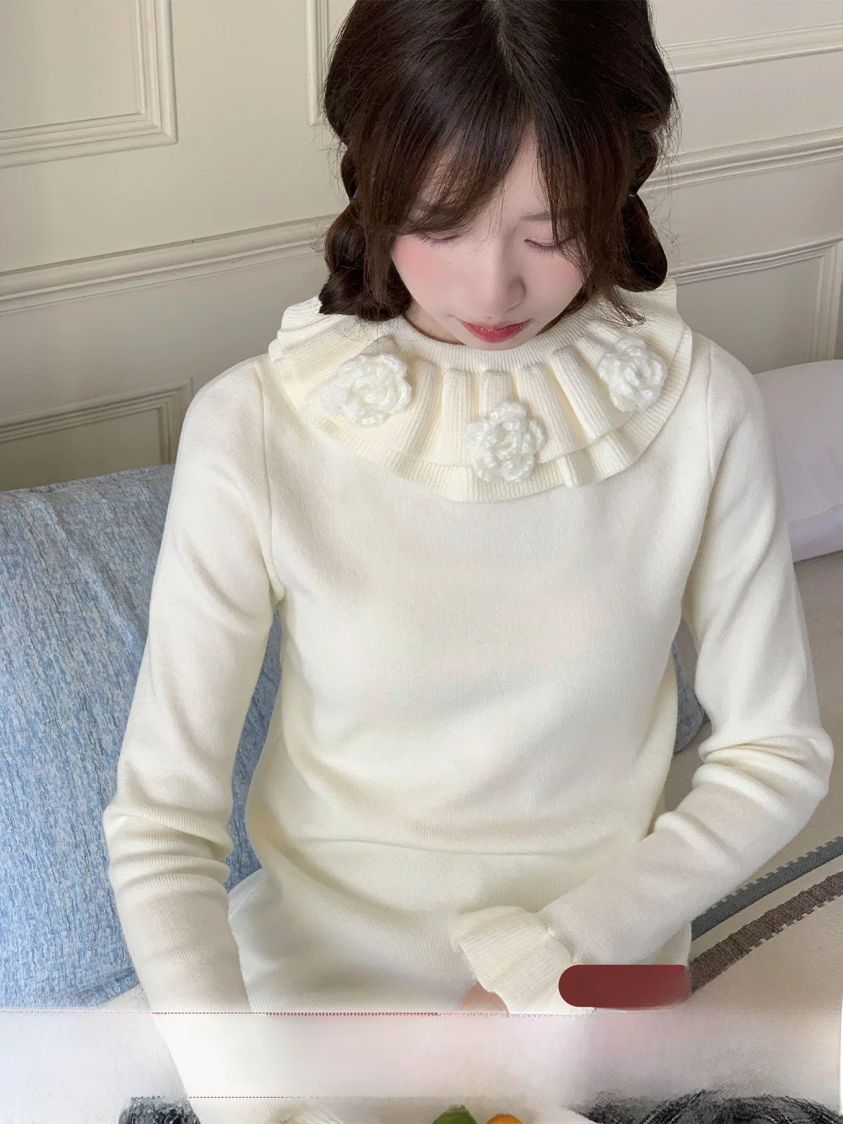 

Милый вязаный свитер для женщин с длинными рукавами, воротником-рюшем и рукавами-лепестками, осенне-зимний топ, модный повседневный трикотаж для весны