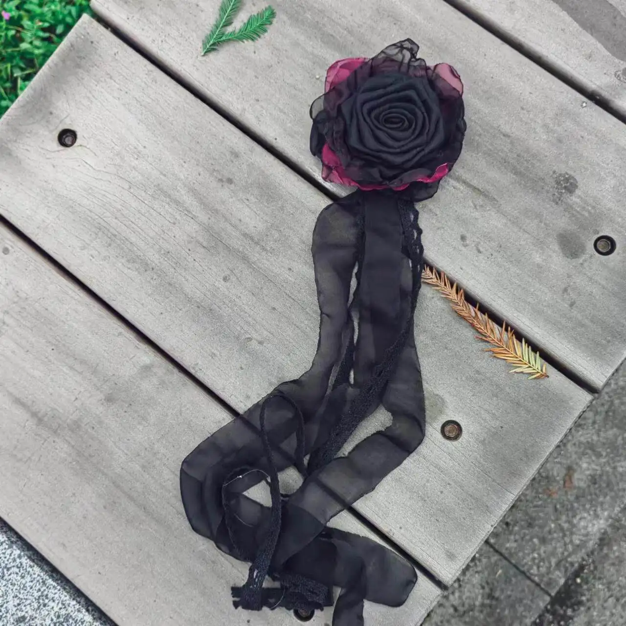 Handmade Black Fabric Wilted Rose Brooch Dark Lolita Style Floral Accessory for Personal Styling, Bridal Showers and Tea Parties